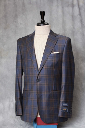 Italian Navy Blue Sport Coat with Brown/Tan Windowpane Design