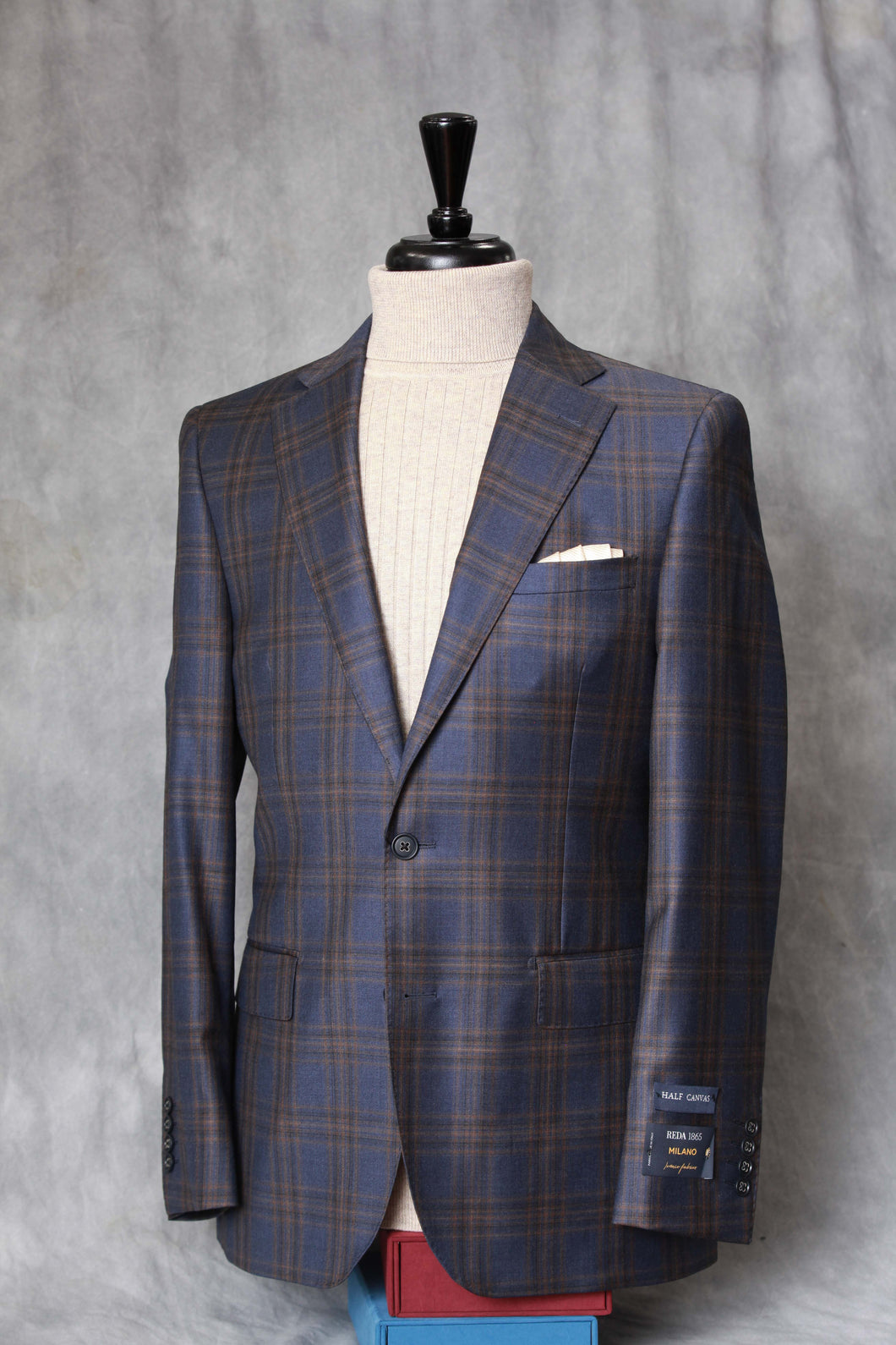 Italian Navy Blue Sport Coat with Brown/Tan Windowpane Design